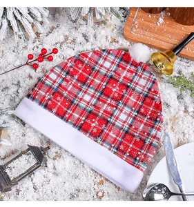 Detailed view of red plaid Christmas Santa hat car seat headrest cover with snowflakes