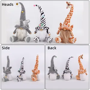Animal theme gnomes set with zebra, giraffe and elephant patterns in three views