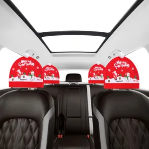 Christmas Car Seat Headrest Covers Xmas Hat Design Car Decor Santa Snowman Printed Pattern Holiday Ornament Accessories