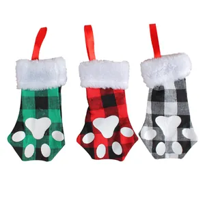 Set of 3 Christmas buffalo plaid pet paw cutlery holders and gift bags decoration.