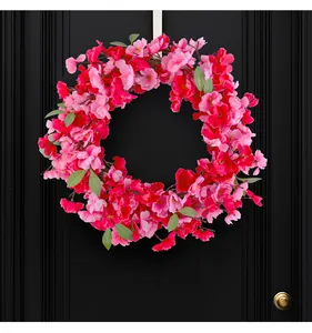 Vibrant pink and red spring artificial floral wreath for front door wall decor