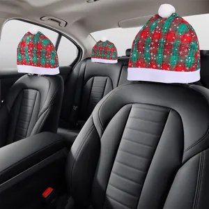 Christmas car seat headrest covers featuring a festive red and green plaid Santa hat design