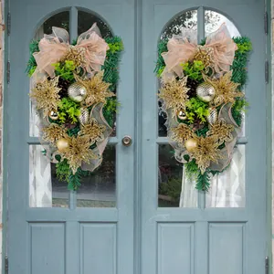 Gold Christmas teardrop swag wreath with pine needles and glitter flowers for door