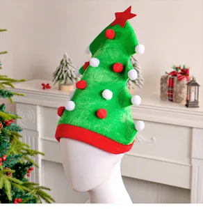 Detailed view of plush Christmas tree hat with red star and pom-poms on mannequin