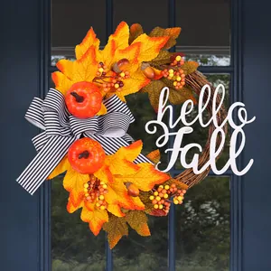 Herfst Oogst Esdoornblad Krans Met Hello Fall Bord Kunstmatige Pompoen Bes Lint Wijnstok Krans Voor Thanksgiving Huis Voordeur Muur Decor