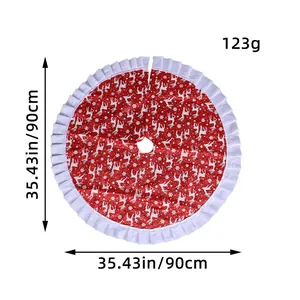 Roter Weihnachtsbaumrock mit weißem Rentier- und Schneeflockendruck, 90cm Durchmesser, Rüschen