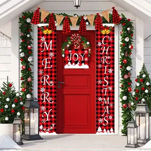 Christmas Red Black Buffalo Plaid Porch Sign Banner Set Merry Christmas Joy Door Hanging Decorations Party Supplies Outdoor Indoor Home Holiday Decor