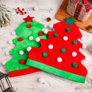 Novelty Christmas Tree Shaped Party Hat Felt Fabric Star Pom Poms Decorated Holiday Headwear For Adults Kids Celebration