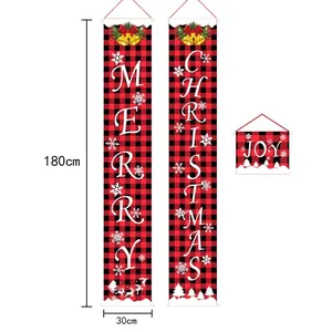 Christmas porch banners set in red and black buffalo plaid design with Merry Christmas Joy text
