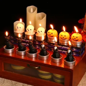 Halloween decorative tea light candles featuring pumpkin, skull, black cat and witch shapes