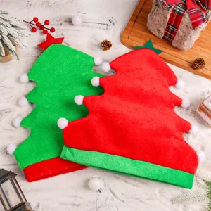 Festive Christmas tree shaped party hats in vibrant red and green felt with white pom-poms