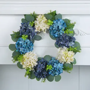 Artificial blue and white hydrangea wreath with eucalyptus leaves for door decor