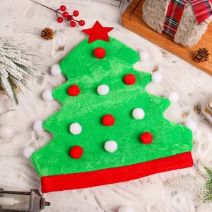 Festive green Christmas tree shaped party hat with colorful pom-poms and a red star top