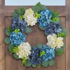 Elegant artificial blue and white hydrangea wreath with eucalyptus leaves for front door decor