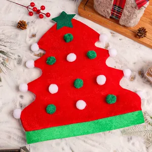 Red Christmas tree shaped party hat with plush pom-poms and green star topper