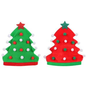 Festive Christmas tree shaped felt party hats decorated with colorful pom poms and stars
