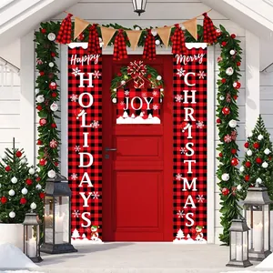 Red and black buffalo plaid Christmas porch banners set displayed on a front door