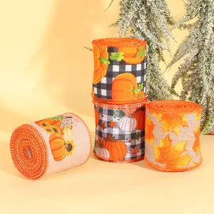 Thanksgiving wired ribbons with pumpkin and maple leaf patterns for gift wrapping
