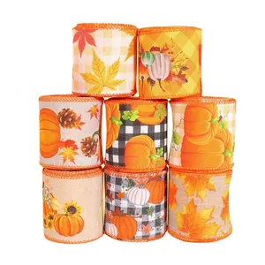 Set of 8 autumn Thanksgiving ribbons with pumpkin and maple leaf patterns