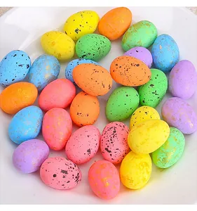Detailed macro view of vibrant speckled foam Easter eggs featuring subtle gold foil accents