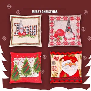 Christmas Pillowcase Santa Claus Gnome Tree Joy Printed Linen Texture Cushion Cover Decorative Sofa Decor
