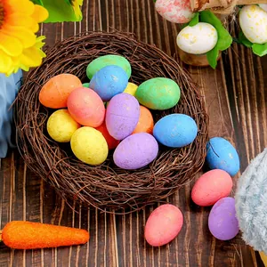 Colorful speckled Easter foam eggs in a bird nest for holiday party DIY decorations