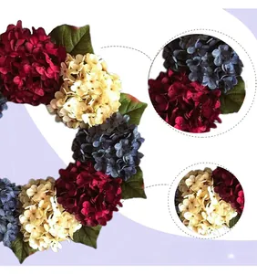 Detail view showing the realistic texture of burgundy, blue and cream hydrangeas