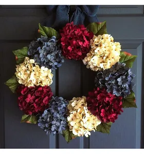 Exquisite close-up of patriotic red, white and blue hydrangea wreath for front door decor
