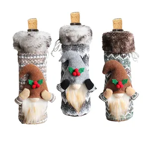 Set of three Christmas wine bottle covers with plush gnomes and faux fur trim for dining table