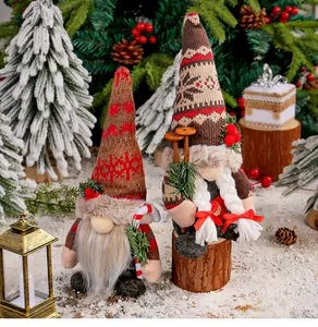 Vue détaillée de deux gnomes de Noël avec bonnets tricotés et accessoires festifs