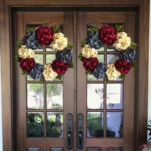 Patriotic hydrangea wreaths with red white and blue flowers for front door decoration