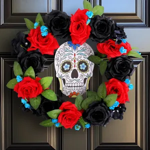 Day Of The Dead Halloween Wreath Red Black Rose Sugar Skull Door Hanging Mexican Folk Art Gothic Party Wall Decor