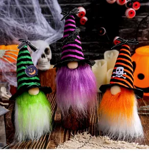 Set of 3 handcrafted Halloween gnome decorations with colorful striped wizard hats and plush beards