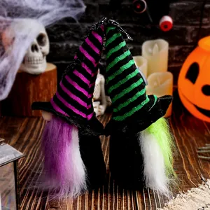 Set of two Halloween faceless gnomes featuring striped wizard hats for festive table decor