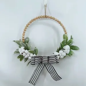 Couronne de perles en bois avec nœud rayé et fleurs de coton pour décor mural