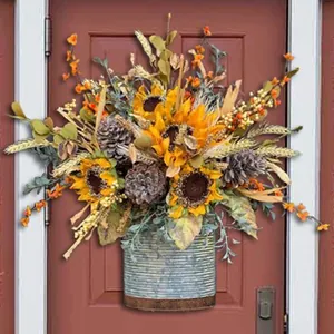 Autumn sunflower wreath in rustic metal basket for door decor