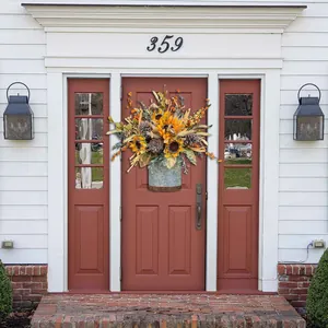 Autumn harvest floral door basket featuring vibrant sunflowers and pinecones for home decor