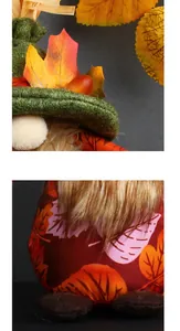 Macro detail of plush harvest gnome doll featuring maple leaf hat and faux fur beard
