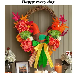 Festive Thanksgiving wreath with rooster doll, maple leaves and hydrangea for door decor