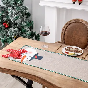 Christmas Linen Table Runner Santa Claus Snowman Pattern Striped Edge Burlap Tablecloth For Festival Dining Party Decor