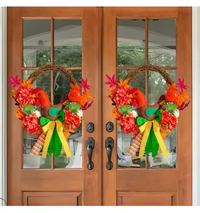 Thanksgiving door wreath featuring chicken plush, hydrangea, and festive maple leaf decor