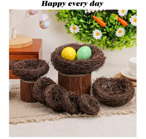 Detailed view of multiple hand-woven rattan Easter nests in various sizes with eggs.