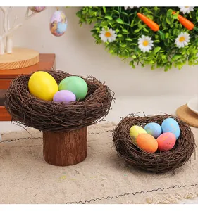 Detailed view of woven Easter bird nests with colorful eggs in a festive scene.