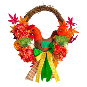 Thanksgiving rooster wreath with hydrangeas and maple leaves for front door decor
