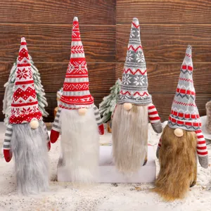Set of 4 Christmas gnome wine bottle covers with knitted hats and long faux fur beards