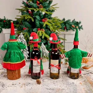 Set di 4 copribottiglie di vino a forma di elfo di Natale in velluto rosso e verde decoro