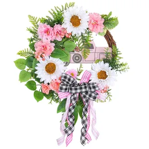 Ghirlanda natalizia decorativa con camion rosa, girasoli bianchi e fiori rosa finti