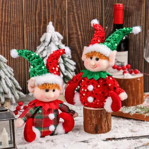 Cute Christmas Elf Sitting Doll Ornament With Sequin Hat Plaid Body Rudolph Figurine For Festive Home Window Display Decor