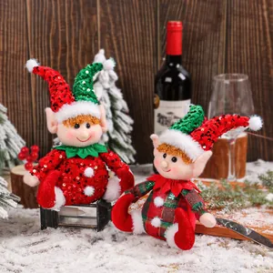 Cute pair of Christmas elf plush dolls with sequined hats for festive holiday home decor