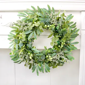 Artificial Eucalyptus Berry Wreath Green Leaf White Berries For Front Door Wall Farmhouse Home Decor Rustic Natural
